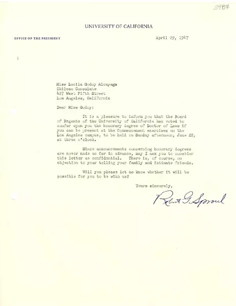 [Carta] 1947 abr. 29, California [a] Lucila Godoy Alcayaga, Los Ángeles, California  [manuscrito] Robert Gordon Sproul.