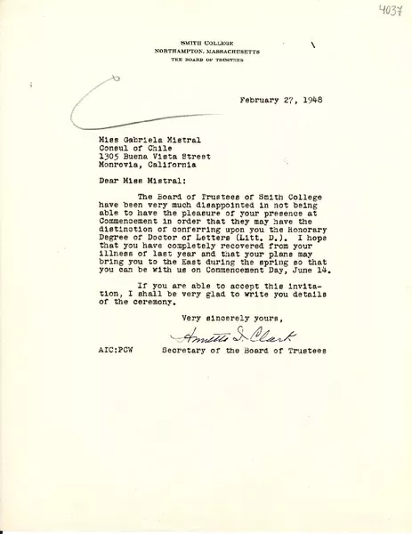 [Carta] 1948 feb. 27, Northampton, Massachusetts [a] Gabriela Mistral, Monrovia, California  [manuscrito] Annetta I. Clark.
