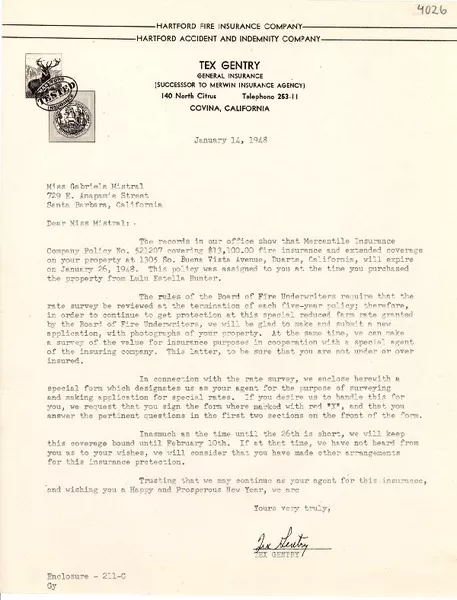 [Carta] 1948 ene. 14, Covina, California [a] Gabriela Mistral, Santa Bárbara, California  [manuscrito] Tex Gentry.