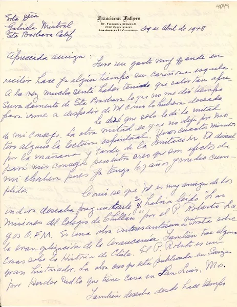 [Carta] 1948 abr. 29, Los Angeles, California [a] [Gabriela Mistral]  [manuscrito] De un padre franciscano.