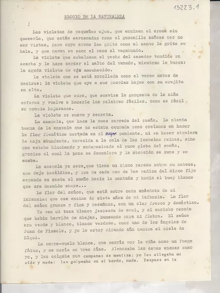 Elogio de la naturaleza  [manuscrito] Gabriela Mistral.