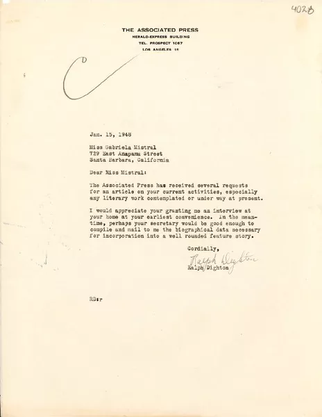 [Carta] 1948 ene. 15, Los Ángeles, California [a] Gabriela Mistral, Santa Bárbara, California  [manuscrito] Ralph Dighton.