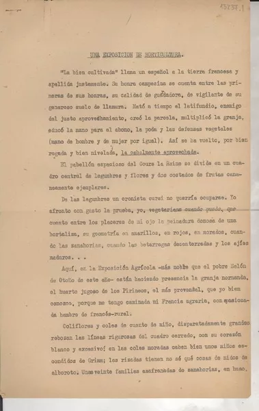 Una exposición de horticultura  [manuscrito] Gabriela Mistral.