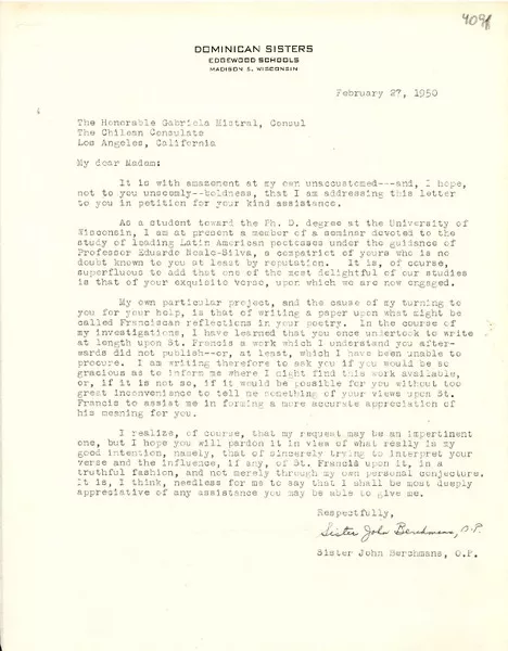 [Carta] 1950 feb. 27, Madison, Wisconsin, [E.E.U.U.] [a] Gabriela Mistral, Los Angeles, California, [E.E.U.U.]  [manuscrito] John Berchmans.