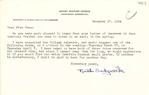 [Carta] 1954 dic. 17, South Hadley, Massachusetts, [E.E.U.U.] [a] [Doris] Dana  [manuscrito] Ruth Sedgwick.