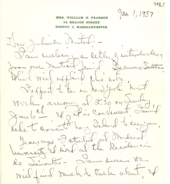 [Carta] 1957 ene. 1, Boston, Massachusetts, [E.E.U.U.] [a] Gabriela Mistral  [manuscrito] Mrs. William H. Pearson.