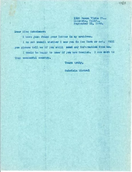 [Carta] 1946 sept. 11, Monrovia, California [a] Rosika Schwimmer  [manuscrito] Gabriela Mistral.