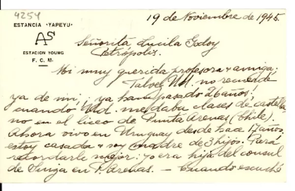 [Carta] 1945 nov. 19, [Uruguay?] [a] Lucila Godoy, Petrópolis  [manuscrito] Emilia Herzog de Symonds.