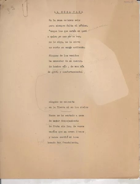 La mesa vana  [manuscrito] [Gabriela Mistral].