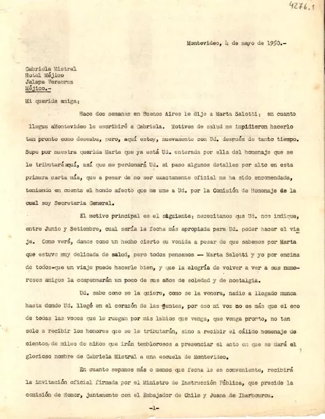 [Carta] 1950 mayo 4, Montevideo, Uruguay [a] Gabriela Mistral, Jalapa, Veracruz, México  [manuscrito] Tonita.