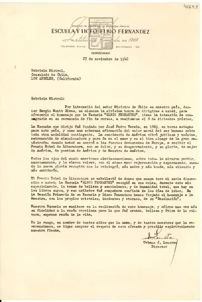 [Carta] 1946 nov. 27, Montevideo [a] Gabriela Mistral, Los Ángeles, California  [manuscrito] Urbano J. Loustau.
