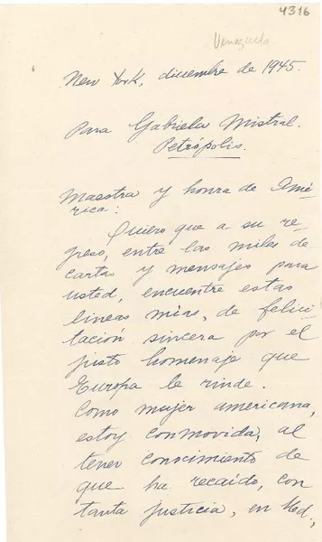 [Carta] 1945 dic., New York [a] Gabriela Mistral, Petrópolis  [manuscrito] Ada Pérez y Guevara.