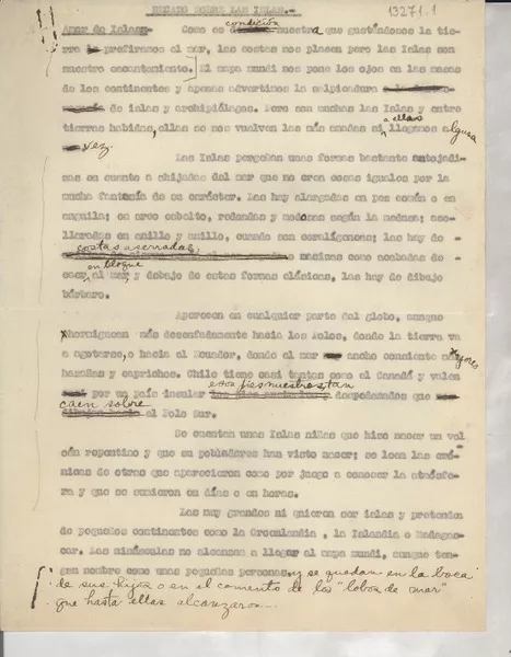Recado sobre las islas  [manuscrito] Gabriela Mistral.