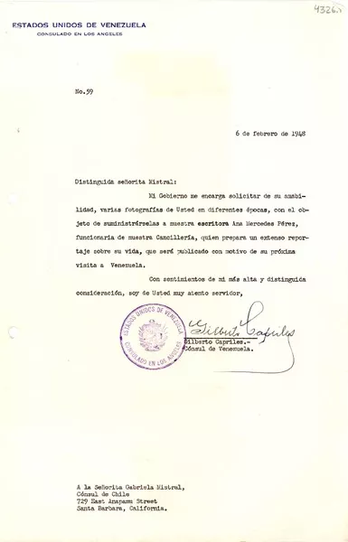 [Carta] 1948 feb. 6, Los Angeles, [E.E.U.U.] [a] Gabriela Mistral, Santa Barbara, California  [manuscrito] Gilberto Capriles.