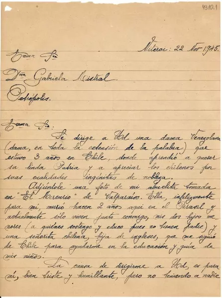 [Carta] 1945 nov. 22, Niteroi, [Brasil] [a] Gabriela Mistral, Petrópolis  [manuscrito] Mary de Ozanne.