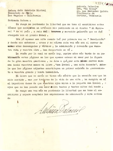 [Carta] 1949, Caracas, Venezuela [a] Gabriela Mistral, Los Ángeles, California  [manuscrito] Antonia Palacios.