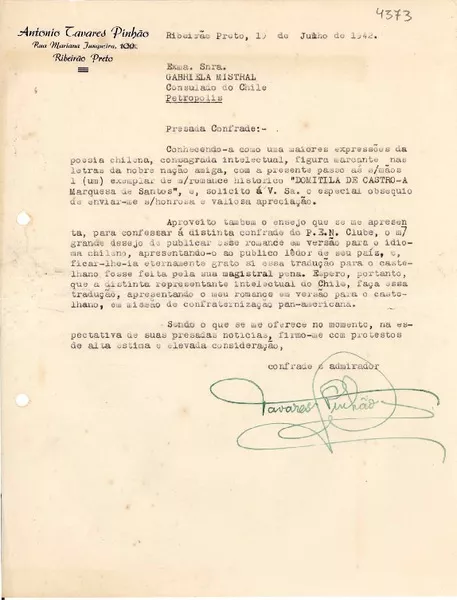 [Carta] 1942 jul. 19, Ribeirão Preto, Sao Paulo [a] Gabriela Mistral, Petrópolis  [manuscrito] Antonio Tavares Pinhão.