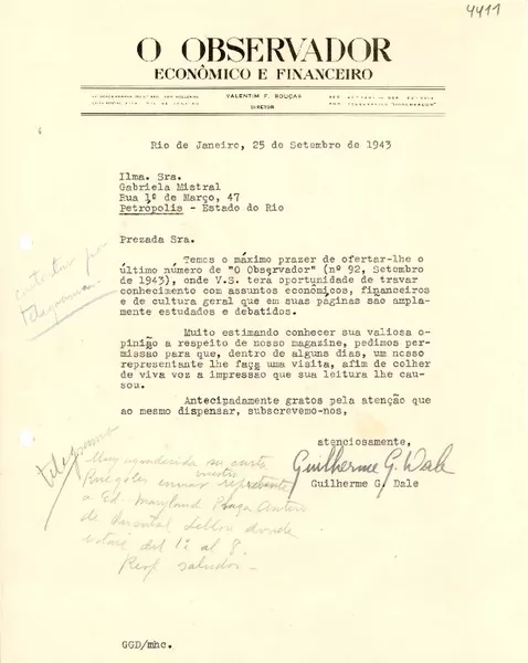 [Carta] 1943 sept. 25, Río de Janeiro [a] Gabriela Mistral, Río de Janeiro  [manuscrito] Guilherme G. Dale.