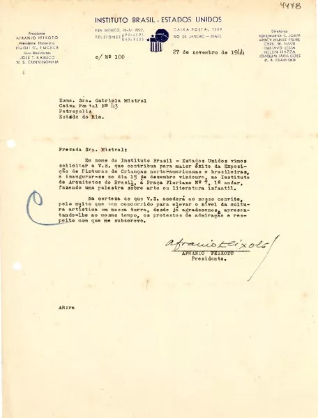 [Carta] 1944 nov. 27, Río de Janeiro, Brasil [a] Gabriela Mistral, Petrópolis  [manuscrito] Afranio Peixoto.