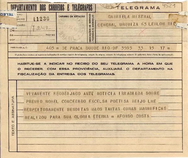 [Telegrama] 1945 nov. 15, De Praca Duque, Rio, [Brasil] [a] Gabriela Mistral, Leblon, Rio, [Brasil]  [manuscrito] Afonso Costa.