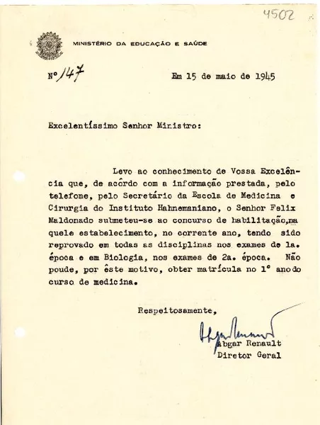 [Carta] 1945 mayo 15, [Brasil] [a] [Gustavo Capanema]  [manuscrito] Abgar Renault.