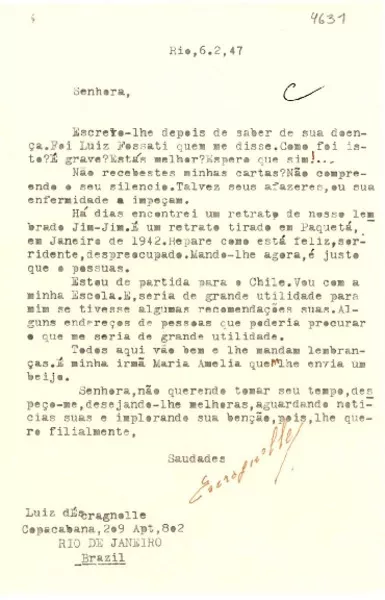 [Carta] 1947 feb. 6, Río [de Janeiro] [a] Gabriela Mistral  [manuscrito] Luiz Escragnolle.