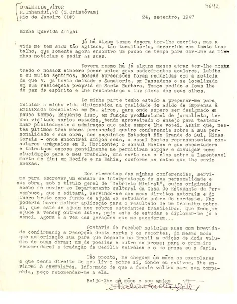 [Carta] 1947 set. 24, Rio de Janeiro, [Brasil] [a] [Gabriela Mistral]  [manuscrito] Vítor D'Almeida.