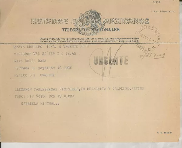 [Telegrama] 1950 sept. 22, Veracruz, [México] [a] Doris Dana, México D.F. , [México]  [manuscrito] Gabriela Mistral.