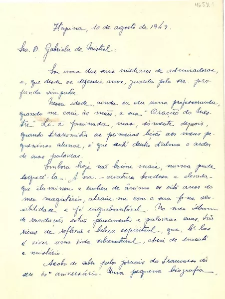 [Carta] 1949 ago. 1, Itapina, [Brasil] [a] Gabriela Mistral  [manuscrito] Oswaldina Castiglioni.