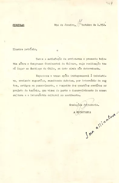 [Carta] 1952 oct. 17, Río de Janeiro [a] Patricio  [manuscrito] La secretaria.