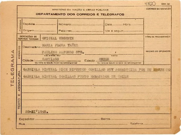 [Telegrama] 1945 nov. 28, [Brasil] [a] Maria Flora Yañez, Santiago, Chile  [manuscrito] Gabriela Mistral.
