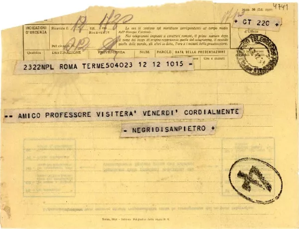 [Telegrama] 1951 dic. 12, Roma, [Italia] [a] [Gabriela Mistral]  [manuscrito] [Rodolfo De] Negri di San Pietro.