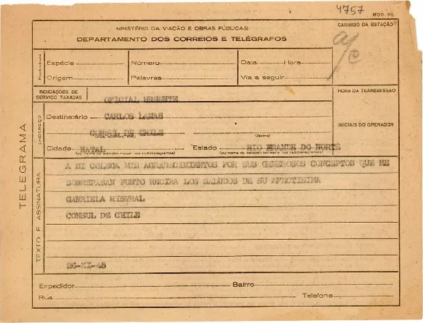 [Telegrama] 1945 nov. 26, Petrópolis [a] Carlos Lamas, Natal, Rio Grande do Norte  [manuscrito] Gabriela Mistral.