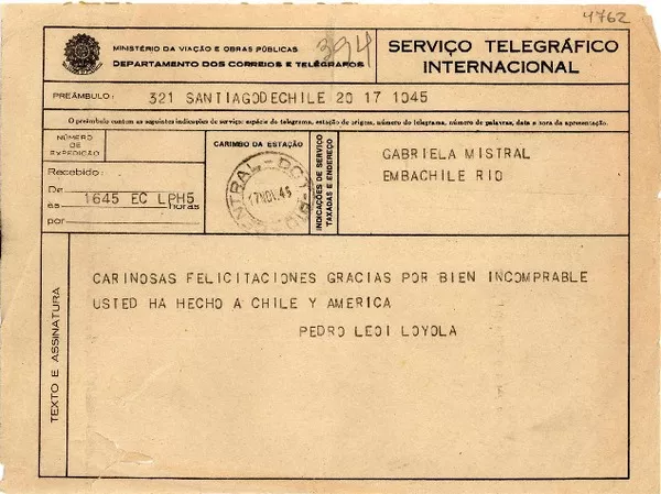[Telegrama] 1945 nov. 17, Santiago, Chile [a] Gabriela Mistral, Río de Janeiro  [manuscrito] Pedro Leoi Loyola.