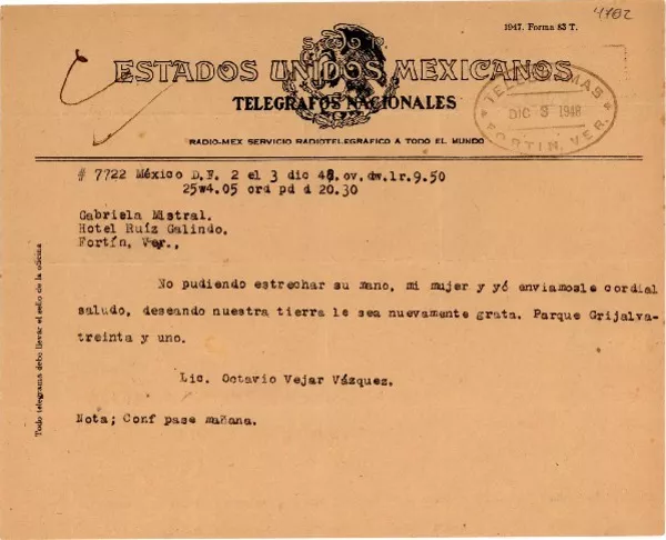 [Telegrama] 1948 dic. 3, México D.F. [a] Gabriela Mistral, Veracruz  [manuscrito] Octavio Vejar Vazquez.