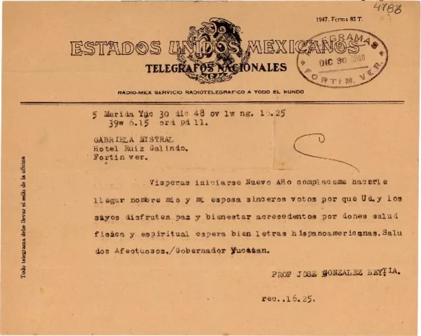 [Telegrama] 1948 dic. 30, Merida, Yucatán [a] Gabriela Mistral, Veracruz  [manuscrito] José González Beytia.