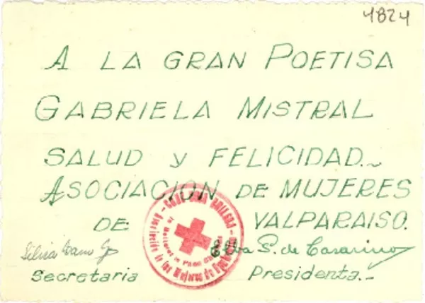 [Tarjeta] 1954, Valparaíso [a] Gabriela Mistral  [manuscrito] Silvia Cano G.