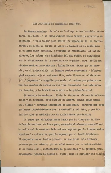 Una provincia en desgracia : Coquimbo [manuscrito] Gabriela Mistral.