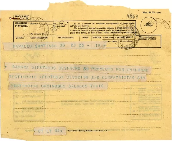 [Telegrama] 1951 jul. 23, Santiago, [Chile] [a] Gabriela Mistral, Rapallo, [Italia]  [manuscrito] [Radomiro] Tomic.