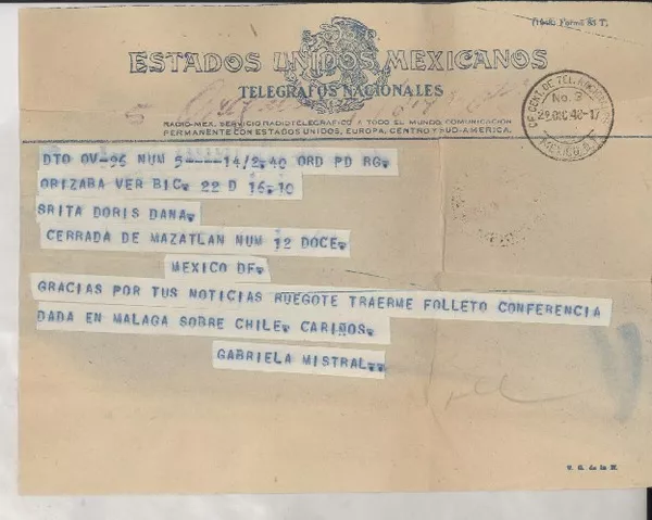 [Telegrama] 1948 dic. 29, Orizaba, México [a] Doris Dana, México D. F.  [manuscrito] Gabriela Mistral.