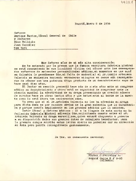 [Carta] 1956 ene. 8, Bogotá, Colombia [a] Enrique Bustos y doctores Juan Belliolo y Juan González, New York  [manuscrito] Víctor Ferreira.