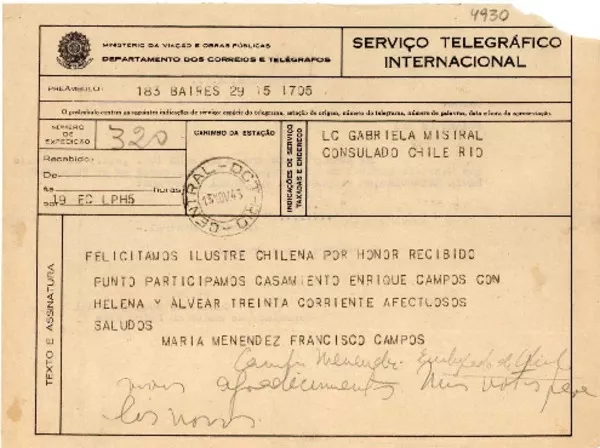 [Telegrama] 1945 nov. 15, Buenos Aires [a] Gabriela Mistral, Rio [de Janeiro]  [manuscrito] María Méndez, Francisco Campos.