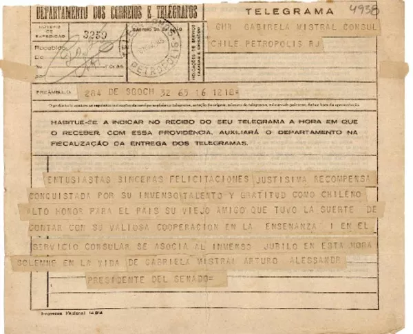 [Telegrama] 1945 nov. 16, Santiago, Chile [a] Gabriela Mistral, Consul Chile, Petropolis, RJ, [Brasil]  [manuscrito] Arturo Alessandri [Palma].