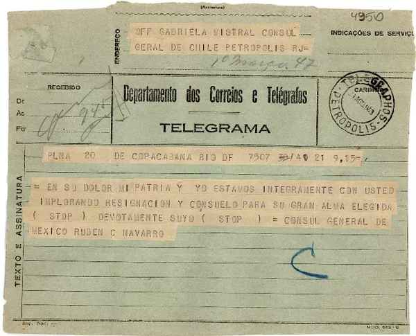 [Telegrama] 1943 ago. 21, Río de Janeiro [a] Gabriela Mistral, Petrópolis  [manuscrito] Rubén C. Navarro.