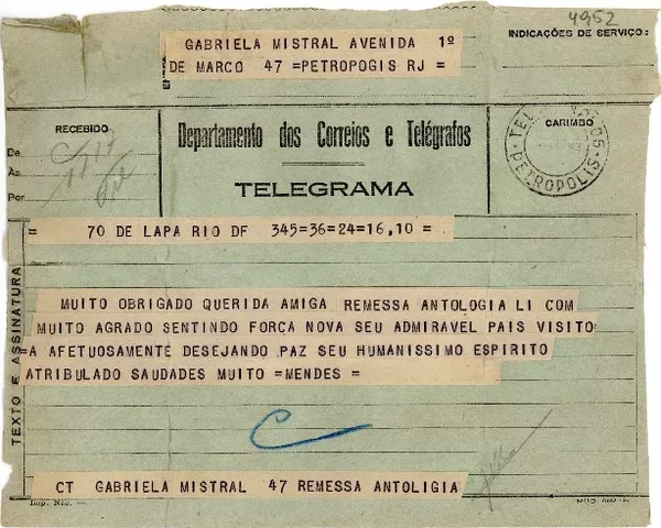 [Telegrama] 1943 ago. 14, Río de Janeiro [a] Gabriela Mistral, Petrópolis  [manuscrito] Mendes.