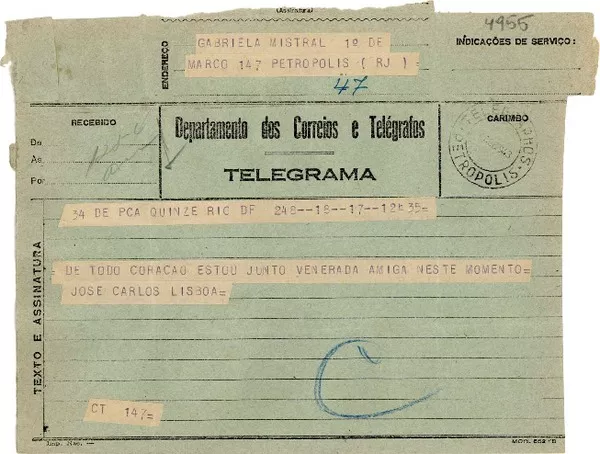 [Telegrama] 1943 ago. 17, Río de Janeiro [a] Gabriela Mistral, Petrópolis  [manuscrito] José Carlos Lisboa.