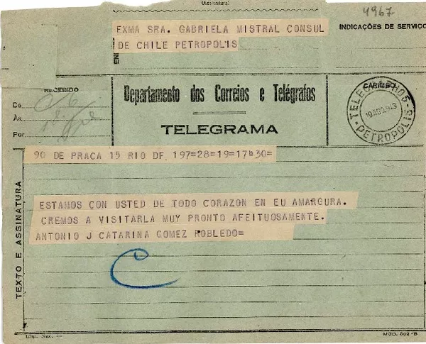 [Telegrama] 1943 ago. 19, Rio DF, [Brasil] [a] Gabriela Mistral, Cónsul de Chile, Petrópolis, [Brasil]  [manuscrito] Antonio Gómez Robledo.