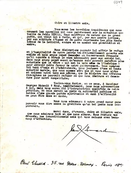 [Carta] [1948], Paris [a] [Gabriela Mistral]  [manuscrito] Paul Èluard.