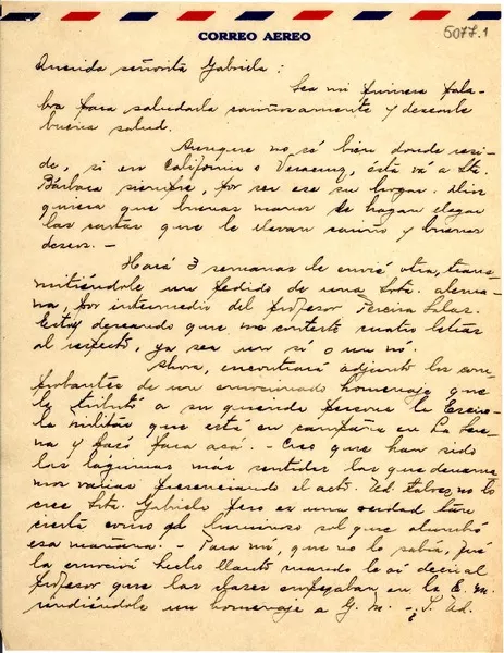 [Carta] 1949 oct. 4, Vicuña [a] Gabriela Mistral  [manuscrito] Isolina Barraza de Estay.