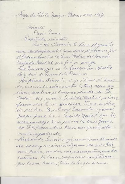 [Carta] 1957 feb. 4, Iquique, Chile [a] Doris Dana, Nueva York  [manuscrito] José M. Olavarría.